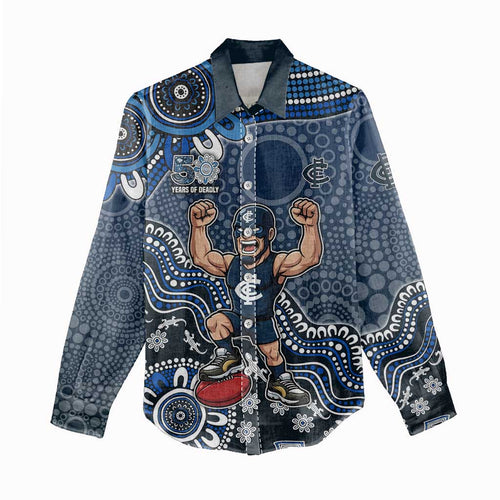 Personalized Carlton Blues Football Mascot Women Casual Shirt Aboriginal Dot Art Style Vibrant Indigenous Pattern Design