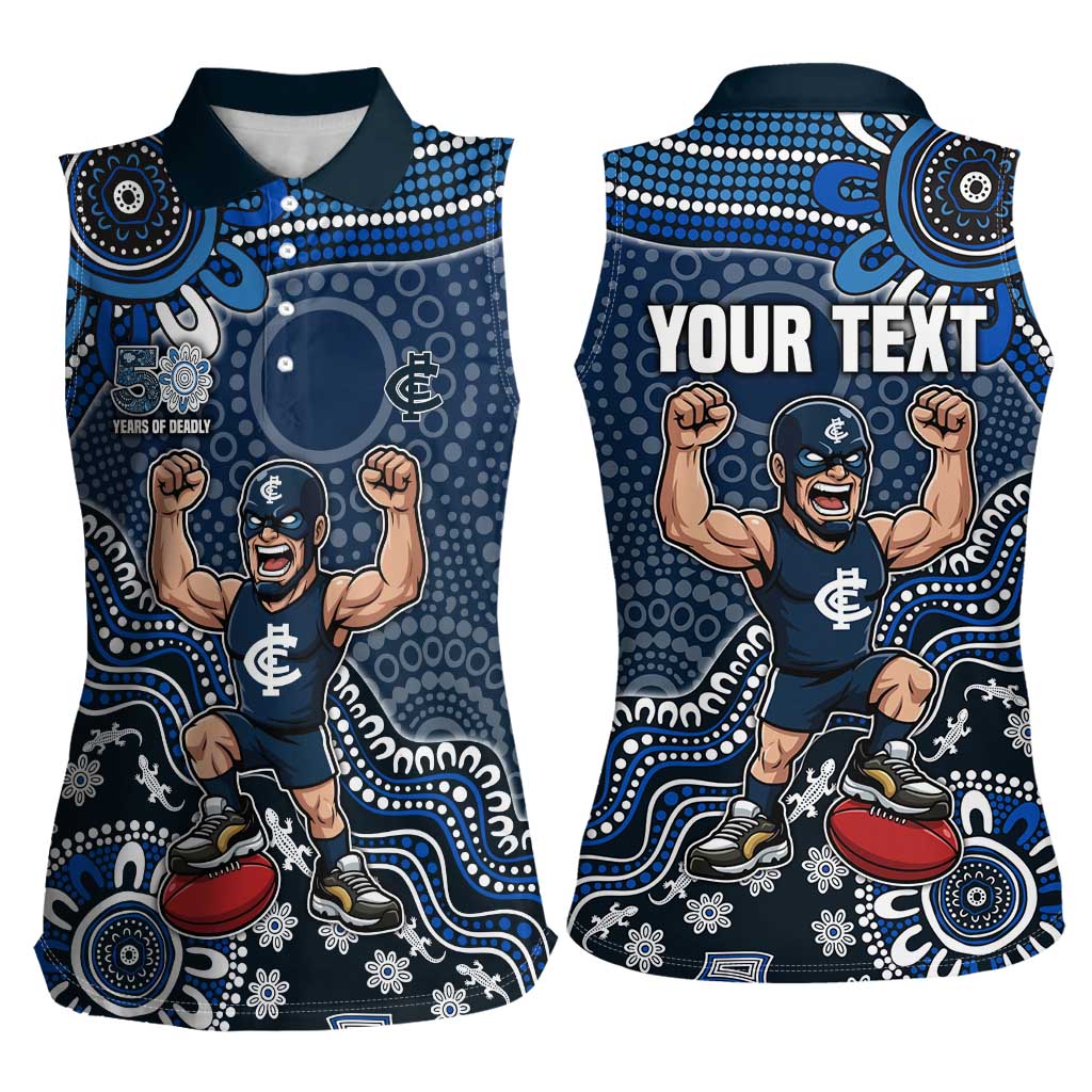 Personalized Carlton Blues Football Mascot Women Sleeveless Polo Shirt Aboriginal Dot Art Style Vibrant Indigenous Pattern Design