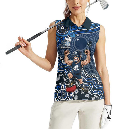 Personalized Carlton Blues Football Mascot Women Sleeveless Polo Shirt Aboriginal Dot Art Style Vibrant Indigenous Pattern Design