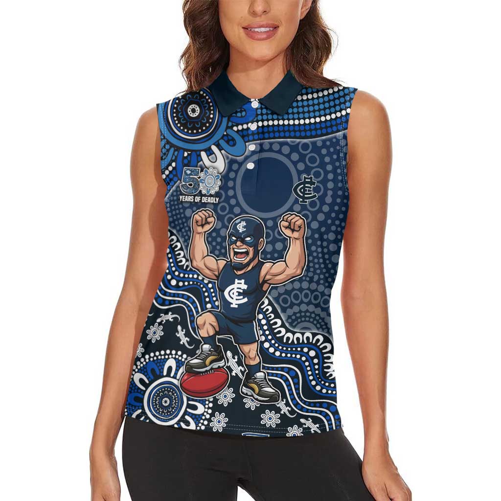 Personalized Carlton Blues Football Mascot Women Sleeveless Polo Shirt Aboriginal Dot Art Style Vibrant Indigenous Pattern Design
