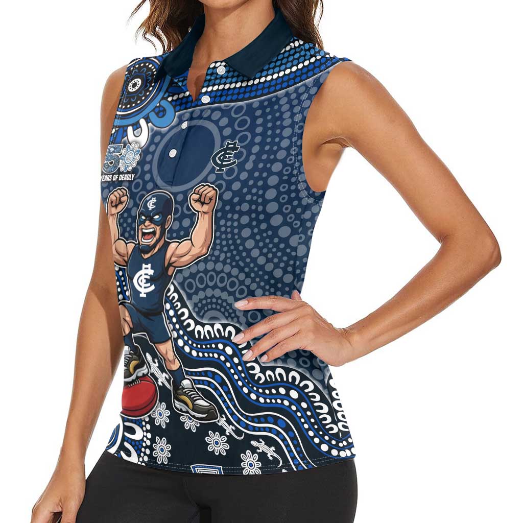 Personalized Carlton Blues Football Mascot Women Sleeveless Polo Shirt Aboriginal Dot Art Style Vibrant Indigenous Pattern Design