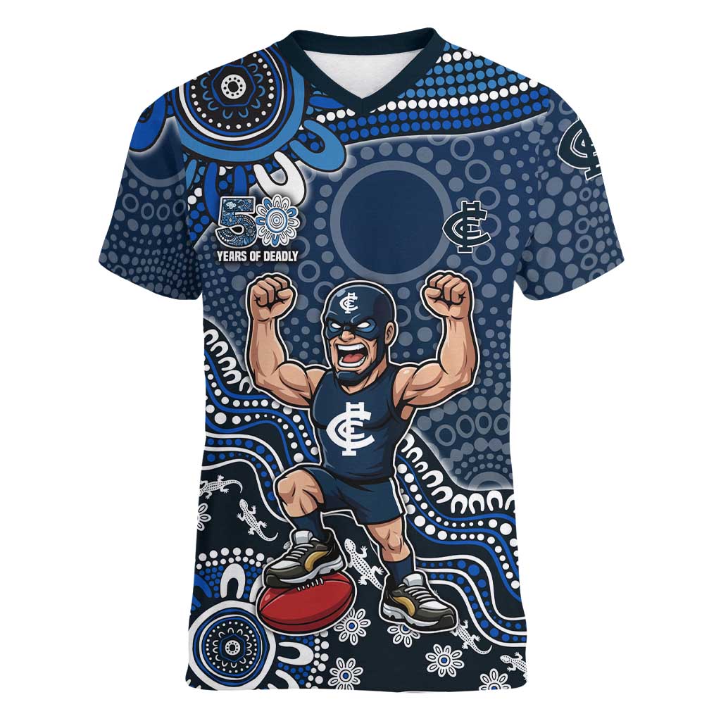 Personalized Carlton Blues Football Mascot Women V-Neck T-Shirt Aboriginal Dot Art Style Vibrant Indigenous Pattern Design