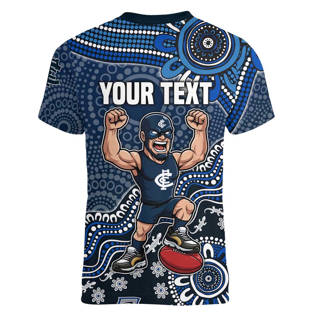 Personalized Carlton Blues Football Mascot Women V-Neck T-Shirt Aboriginal Dot Art Style Vibrant Indigenous Pattern Design