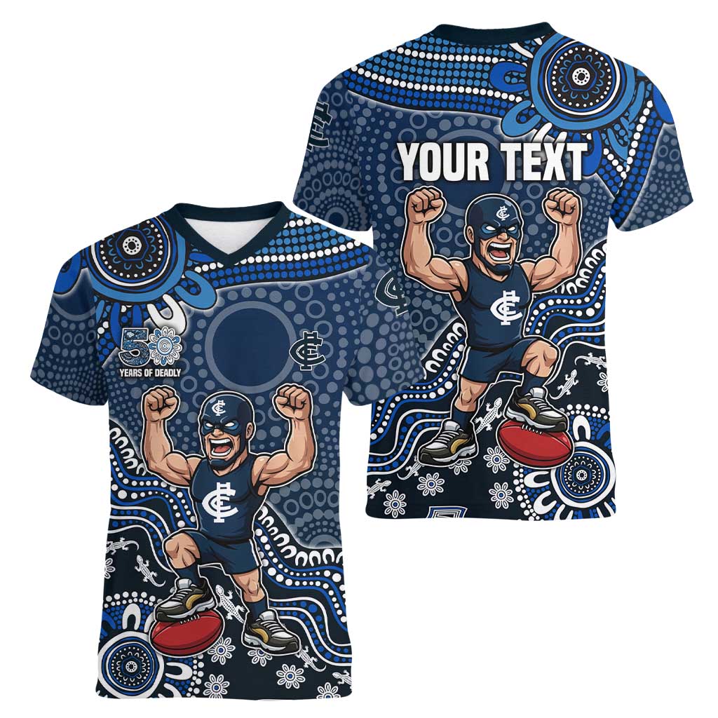 Personalized Carlton Blues Football Mascot Women V-Neck T-Shirt Aboriginal Dot Art Style Vibrant Indigenous Pattern Design