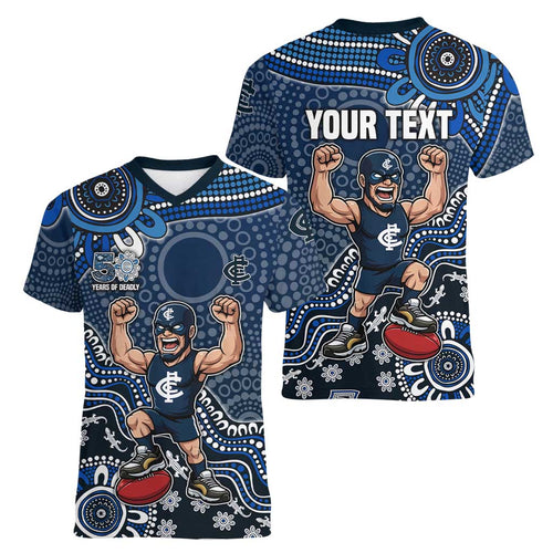 Personalized Carlton Blues Football Mascot Women V-Neck T-Shirt Aboriginal Dot Art Style Vibrant Indigenous Pattern Design