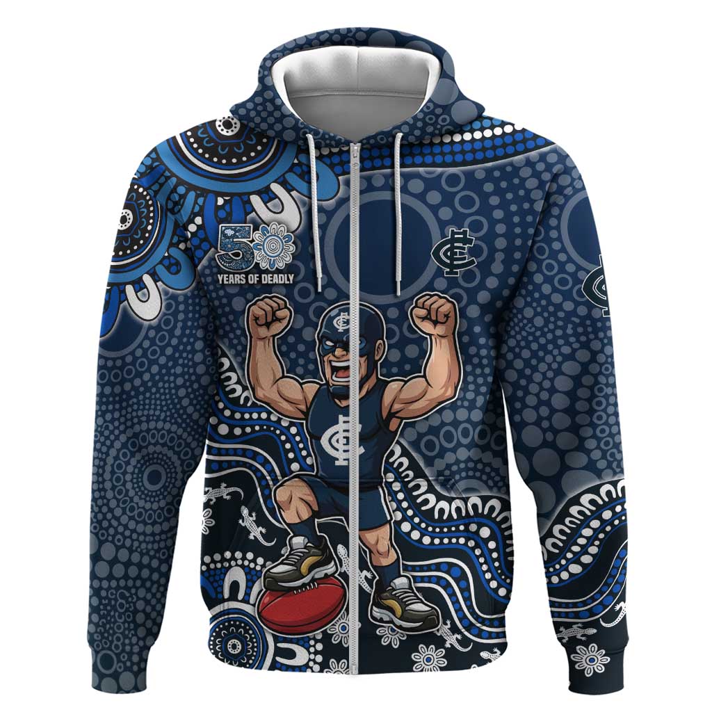 Personalized Carlton Blues Football Mascot Zip Hoodie Aboriginal Dot Art Style Vibrant Indigenous Pattern Design