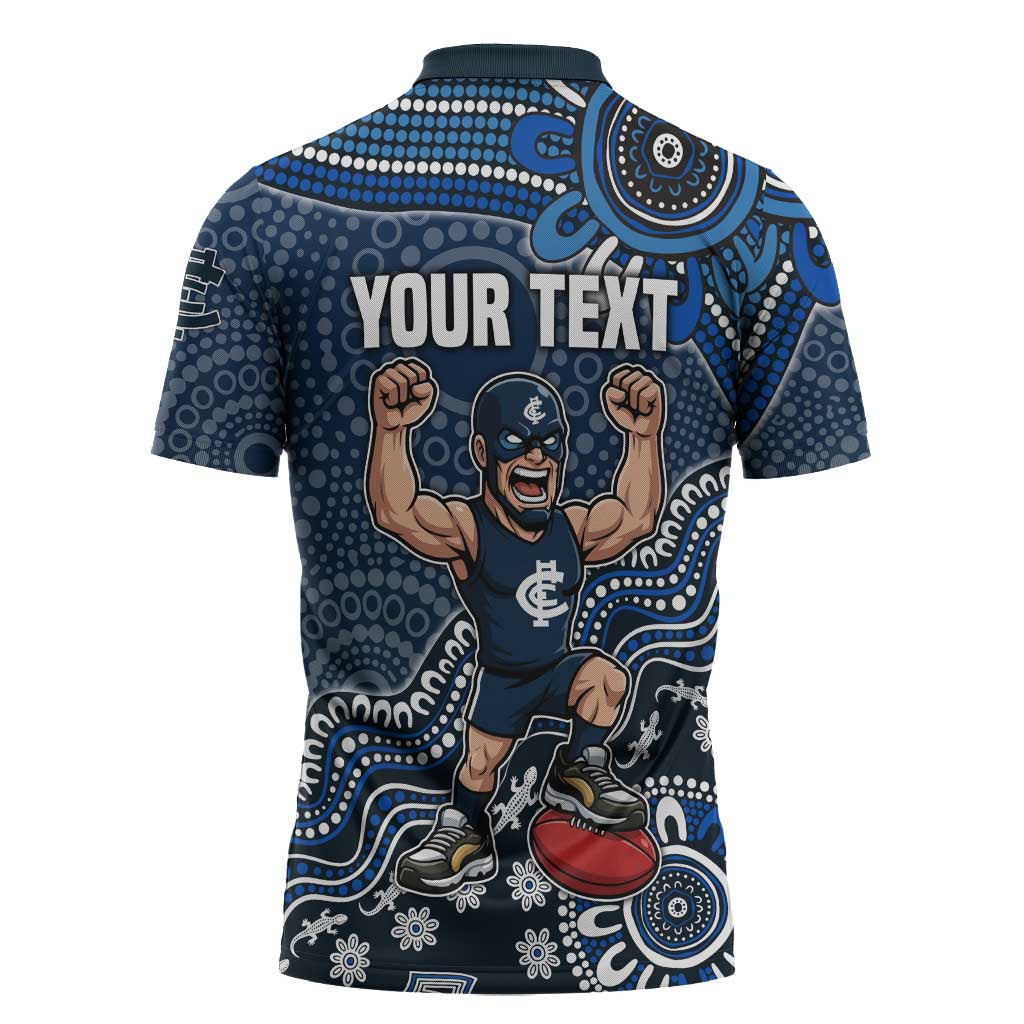 Personalized Carlton Blues Football Mascot Zipper Polo Shirt Aboriginal Dot Art Style Vibrant Indigenous Pattern Design