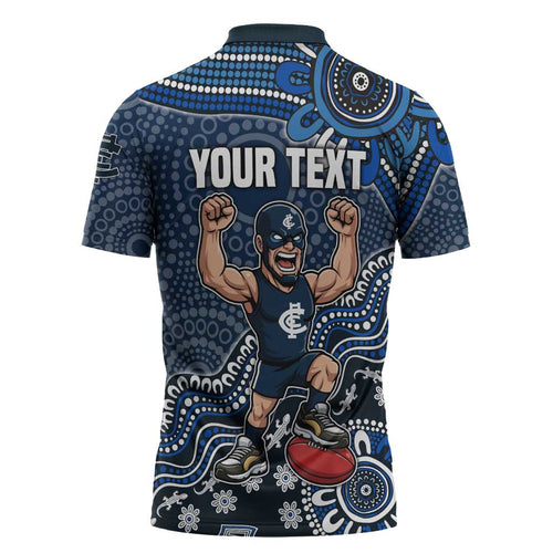 Personalized Carlton Blues Football Mascot Zipper Polo Shirt Aboriginal Dot Art Style Vibrant Indigenous Pattern Design
