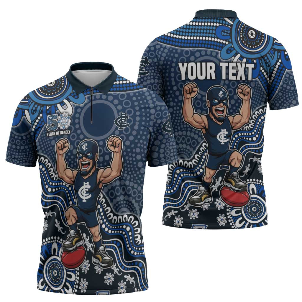 Personalized Carlton Blues Football Mascot Zipper Polo Shirt Aboriginal Dot Art Style Vibrant Indigenous Pattern Design