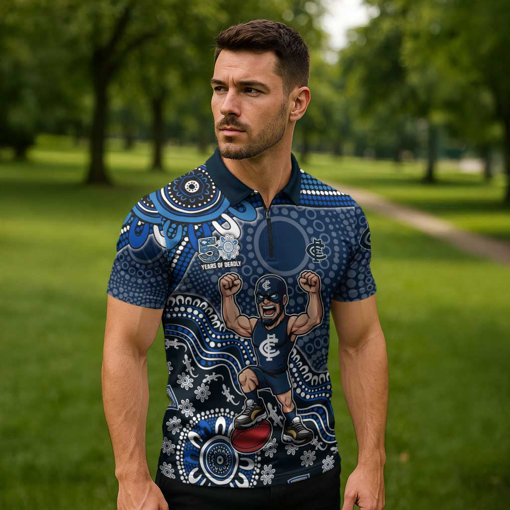 Personalized Carlton Blues Football Mascot Zipper Polo Shirt Aboriginal Dot Art Style Vibrant Indigenous Pattern Design