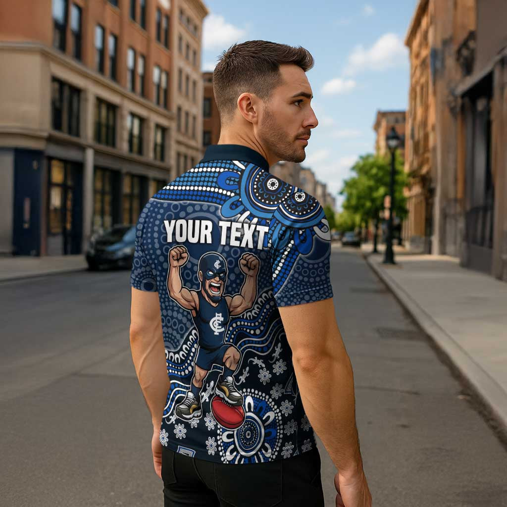 Personalized Carlton Blues Football Mascot Zipper Polo Shirt Aboriginal Dot Art Style Vibrant Indigenous Pattern Design