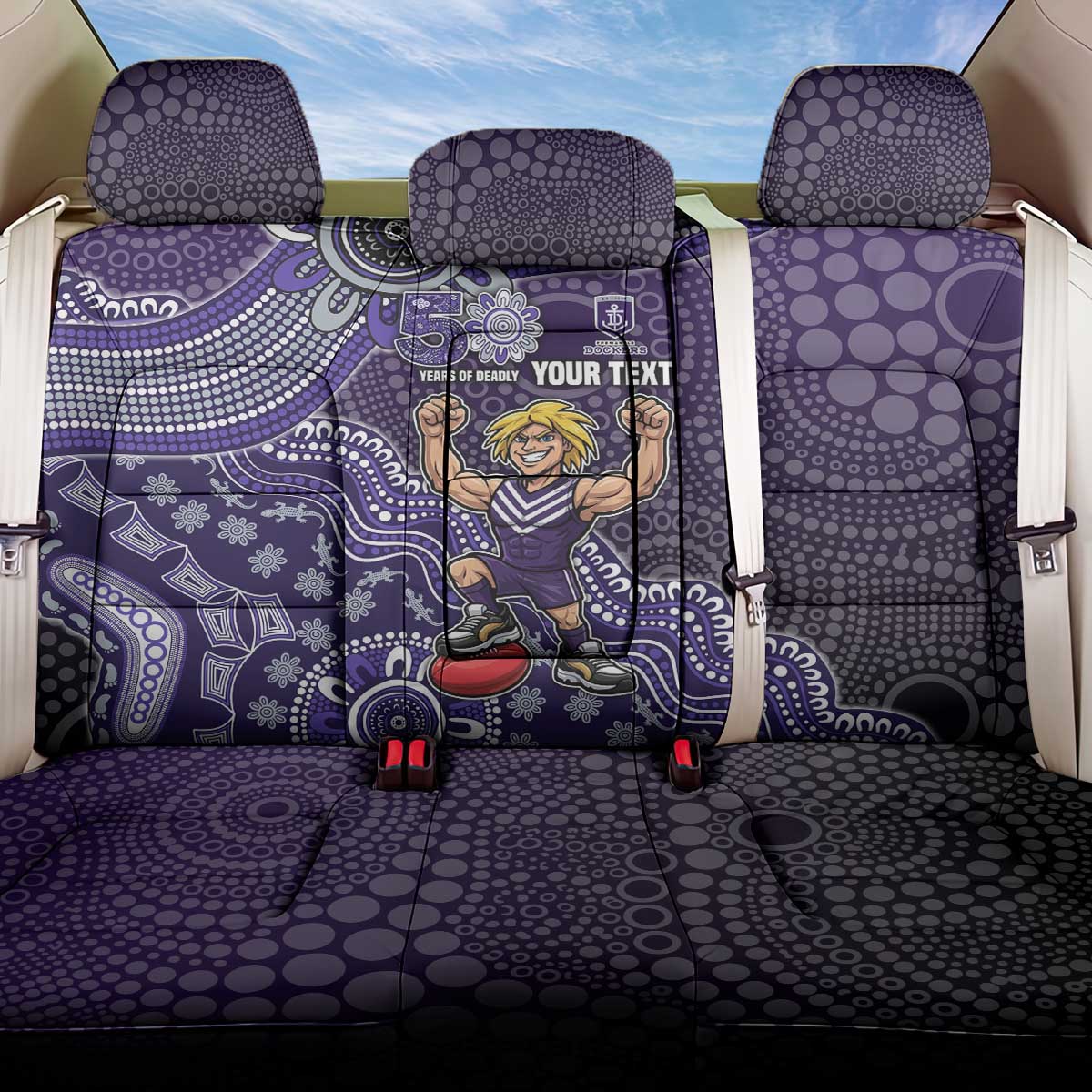 Personalized Freo Football Mascot Back Car Seat Cover Aboriginal Dot Art Style Vibrant Indigenous Pattern Design
