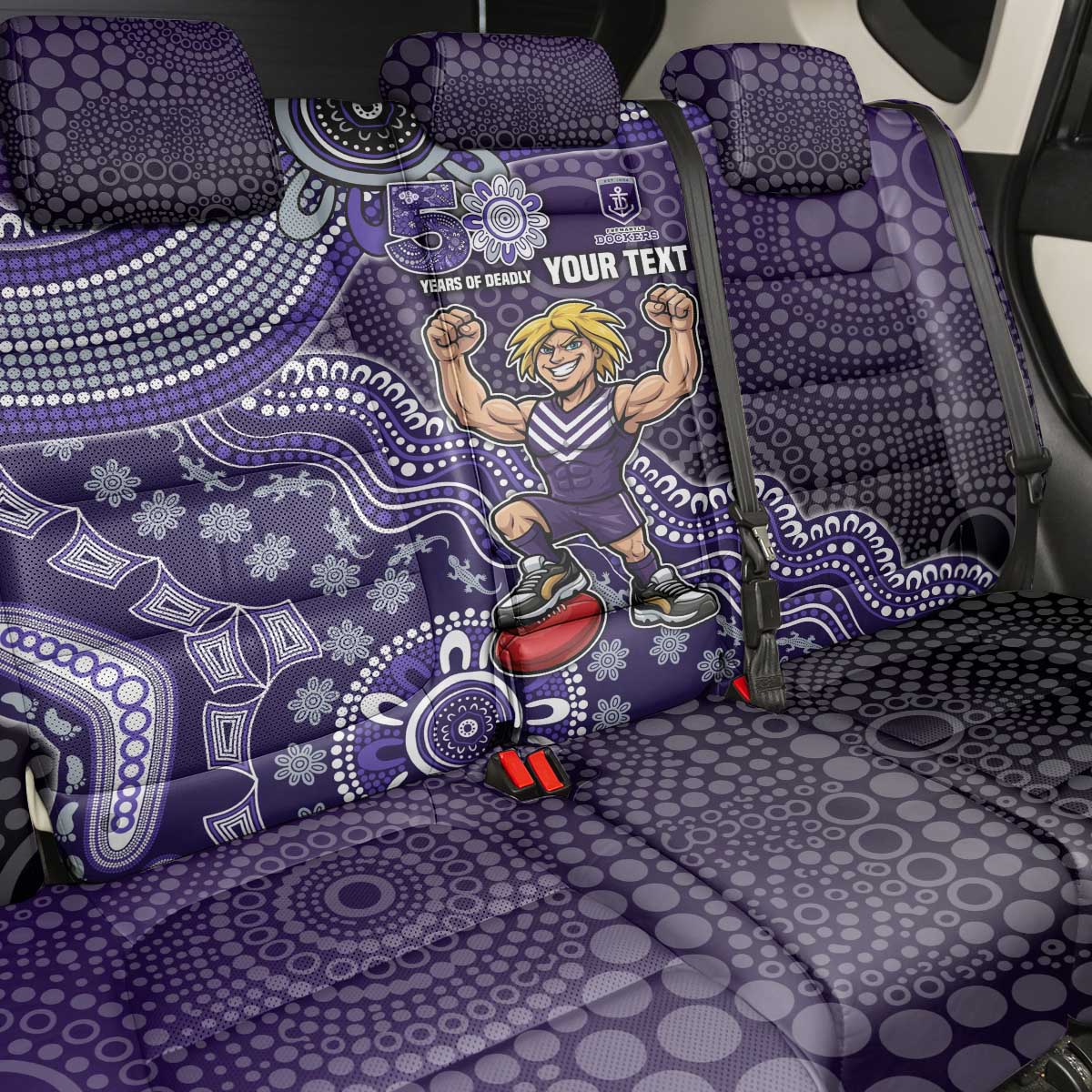 Personalized Freo Football Mascot Back Car Seat Cover Aboriginal Dot Art Style Vibrant Indigenous Pattern Design