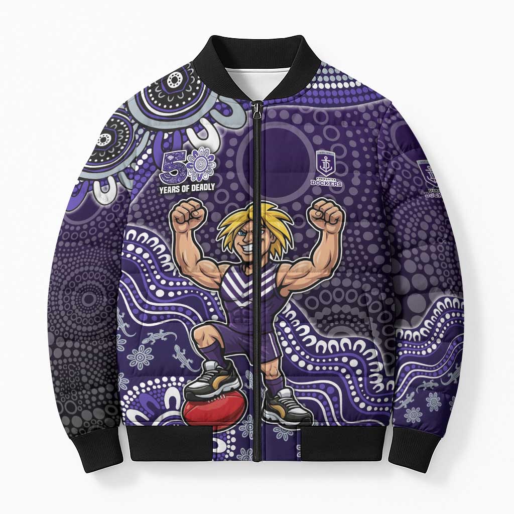 Personalized Freo Football Mascot Bomber Puffer Jacket Aboriginal Dot Art Style Vibrant Indigenous Pattern Design