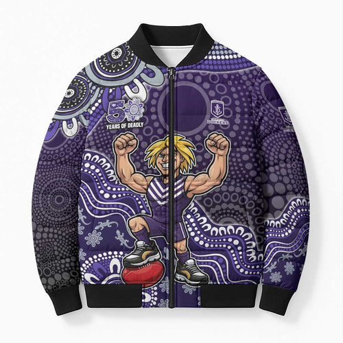 Personalized Freo Football Mascot Bomber Puffer Jacket Aboriginal Dot Art Style Vibrant Indigenous Pattern Design