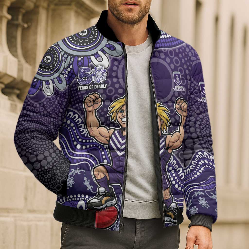 Personalized Freo Football Mascot Bomber Puffer Jacket Aboriginal Dot Art Style Vibrant Indigenous Pattern Design