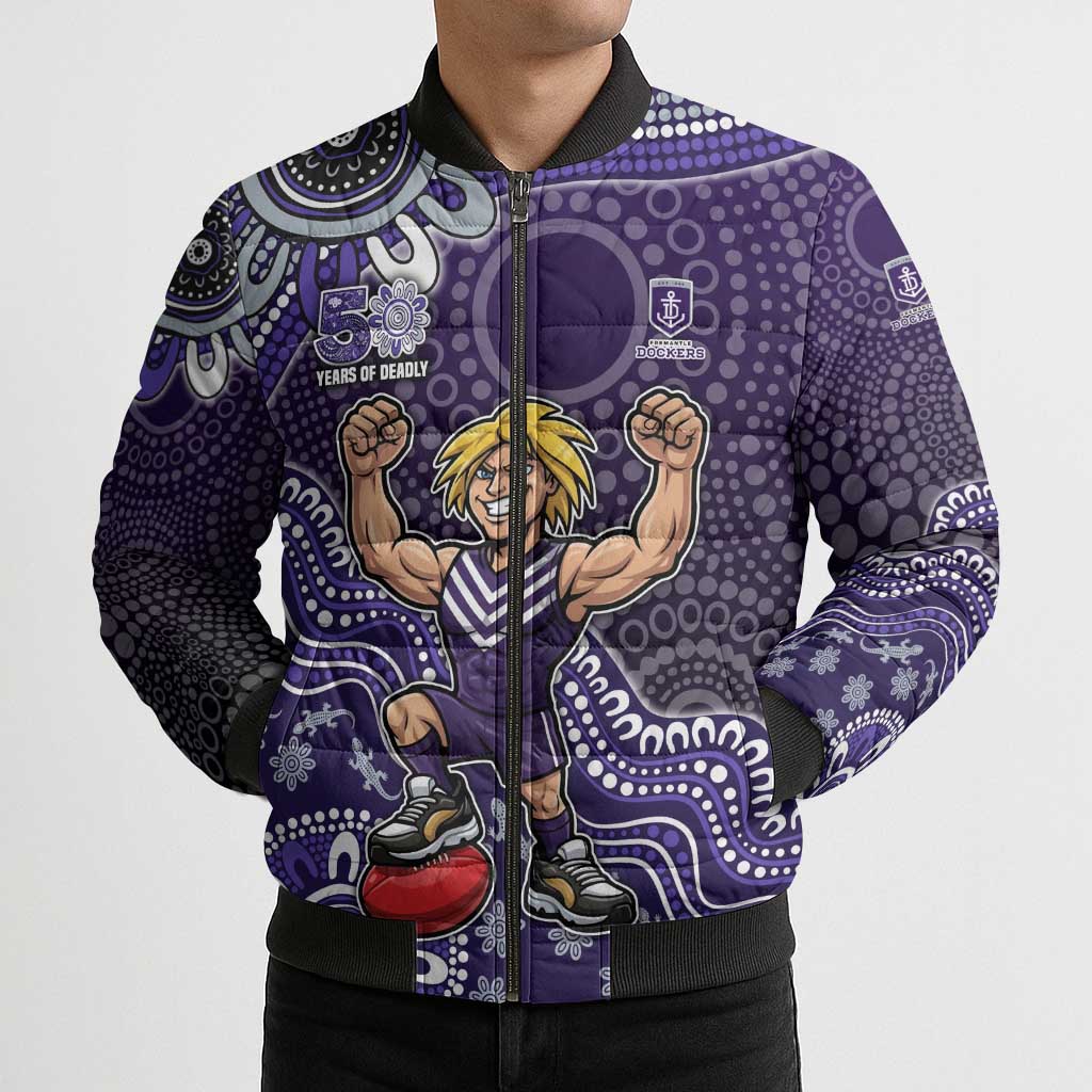 Personalized Freo Football Mascot Bomber Puffer Jacket Aboriginal Dot Art Style Vibrant Indigenous Pattern Design