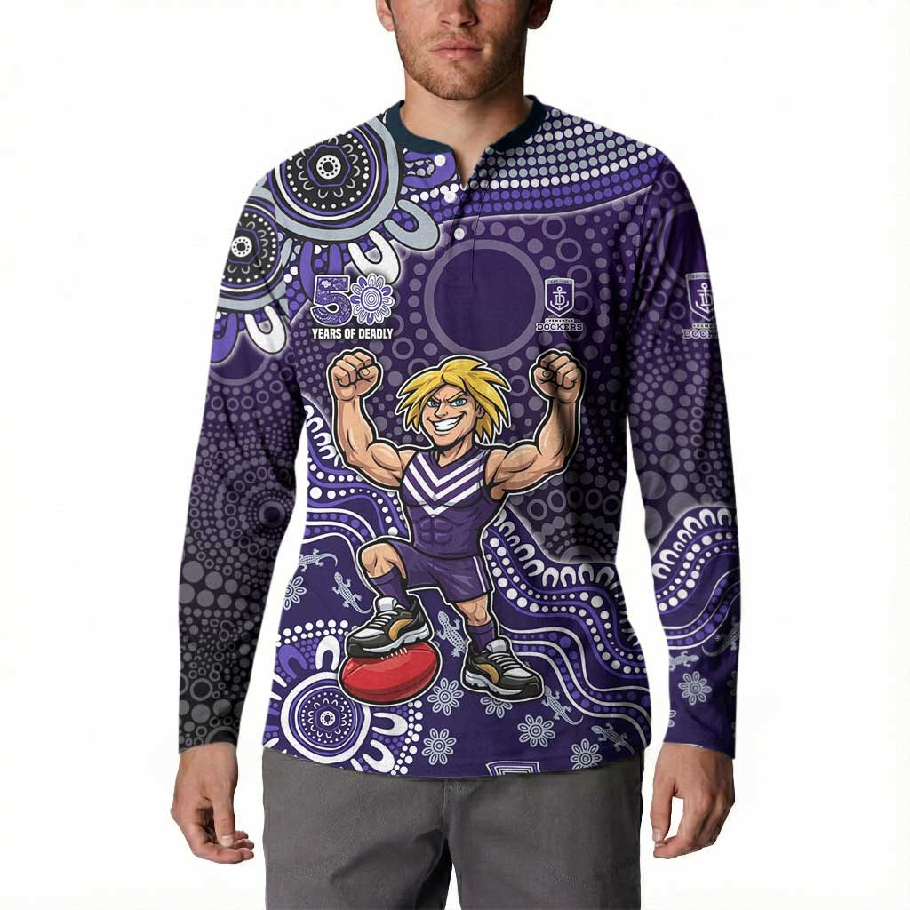 Personalized Freo Football Mascot Button Sweatshirt Aboriginal Dot Art Style Vibrant Indigenous Pattern Design