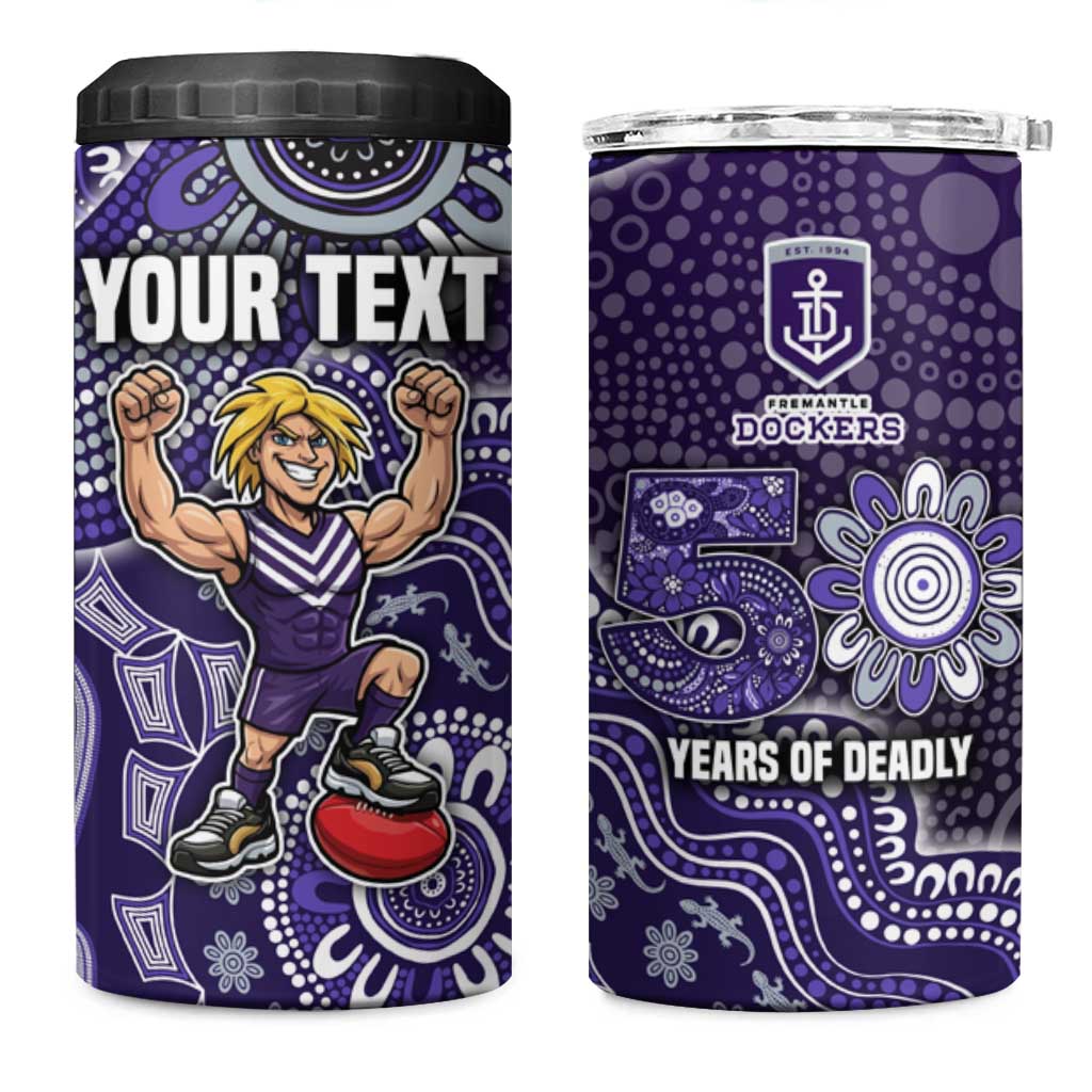 Personalized Freo Football Mascot 4 in 1 Can Cooler Tumbler Aboriginal Dot Art Style Vibrant Indigenous Pattern Design