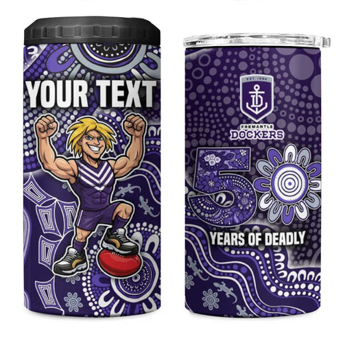 Personalized Freo Football Mascot 4 in 1 Can Cooler Tumbler Aboriginal Dot Art Style Vibrant Indigenous Pattern Design