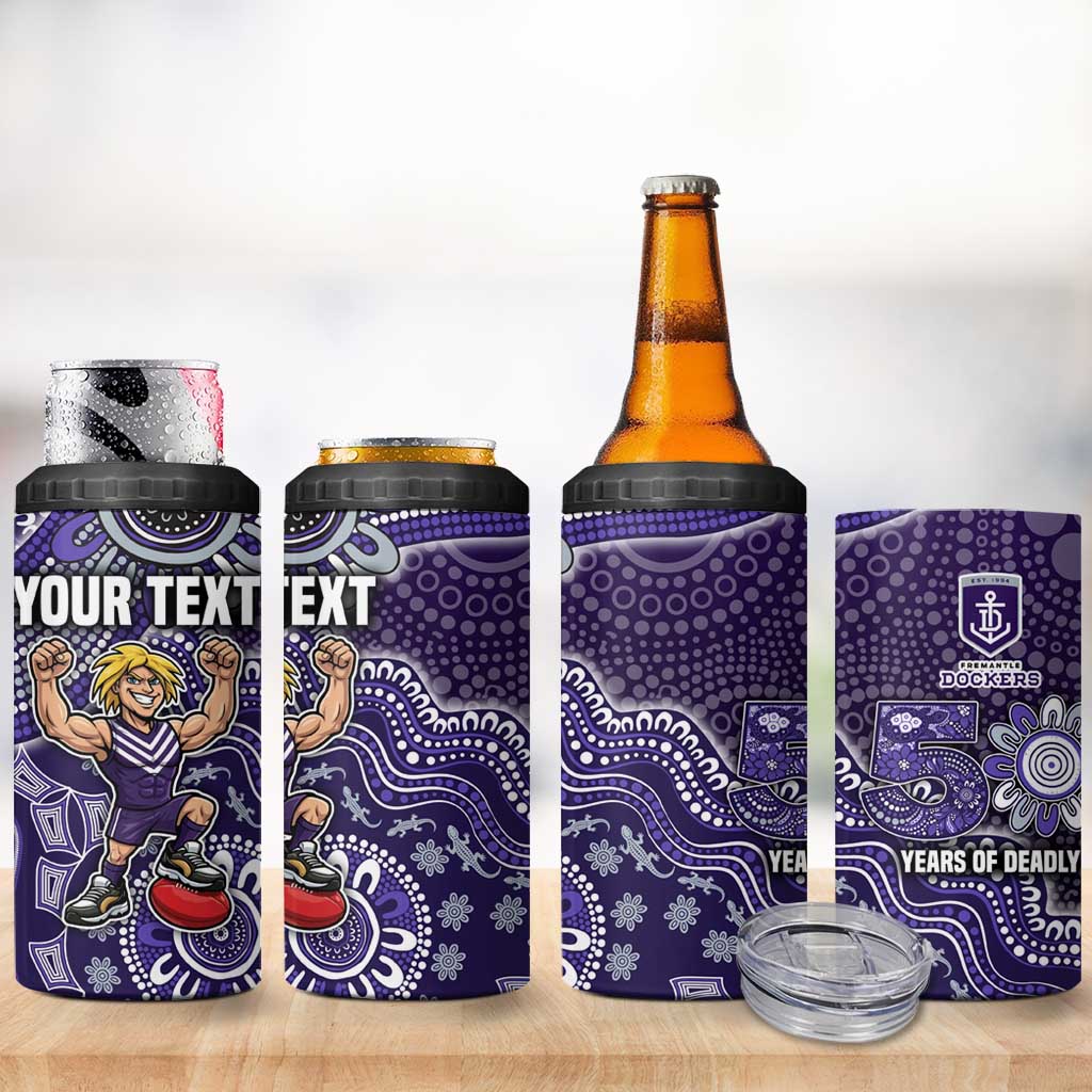Personalized Freo Football Mascot 4 in 1 Can Cooler Tumbler Aboriginal Dot Art Style Vibrant Indigenous Pattern Design