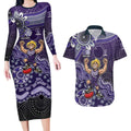 Personalized Freo Football Mascot Couples Matching Long Sleeve Bodycon Dress and Hawaiian Shirt Aboriginal Dot Art Style Vibrant Indigenous Pattern Design