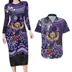 Personalized Freo Football Mascot Couples Matching Long Sleeve Bodycon Dress and Hawaiian Shirt Aboriginal Dot Art Style Vibrant Indigenous Pattern Design