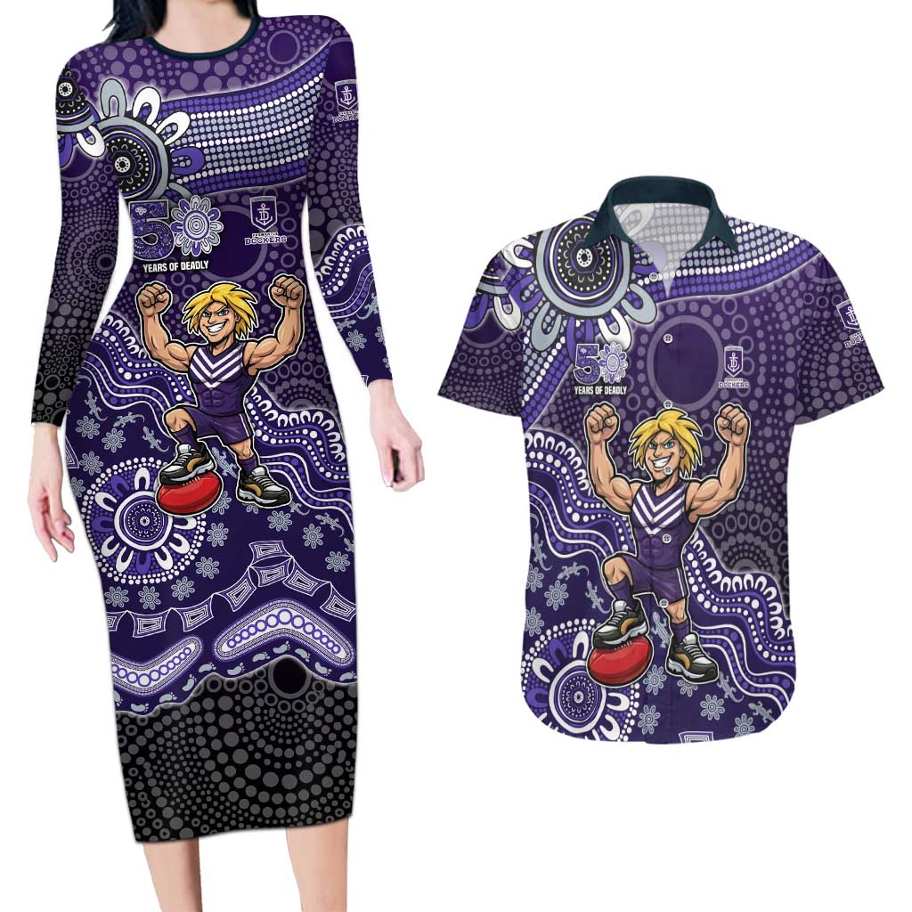 Personalized Freo Football Mascot Couples Matching Long Sleeve Bodycon Dress and Hawaiian Shirt Aboriginal Dot Art Style Vibrant Indigenous Pattern Design
