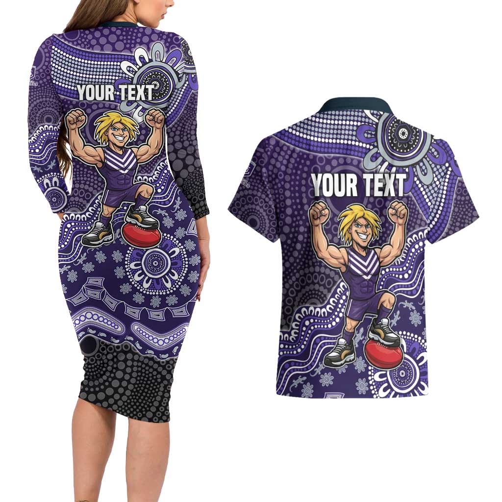 Personalized Freo Football Mascot Couples Matching Long Sleeve Bodycon Dress and Hawaiian Shirt Aboriginal Dot Art Style Vibrant Indigenous Pattern Design