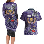 Personalized Freo Football Mascot Couples Matching Long Sleeve Bodycon Dress and Hawaiian Shirt Aboriginal Dot Art Style Vibrant Indigenous Pattern Design