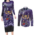 Personalized Freo Football Mascot Couples Matching Long Sleeve Bodycon Dress and Long Sleeve Button Shirt Aboriginal Dot Art Style Vibrant Indigenous Pattern Design