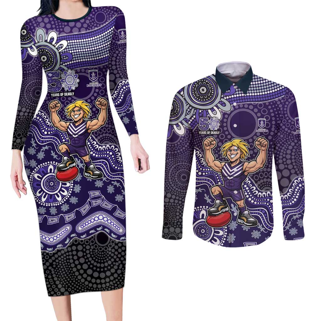 Personalized Freo Football Mascot Couples Matching Long Sleeve Bodycon Dress and Long Sleeve Button Shirt Aboriginal Dot Art Style Vibrant Indigenous Pattern Design