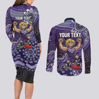 Personalized Freo Football Mascot Couples Matching Long Sleeve Bodycon Dress and Long Sleeve Button Shirt Aboriginal Dot Art Style Vibrant Indigenous Pattern Design
