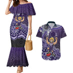 Personalized Freo Football Mascot Couples Matching Mermaid Dress and Hawaiian Shirt Aboriginal Dot Art Style Vibrant Indigenous Pattern Design