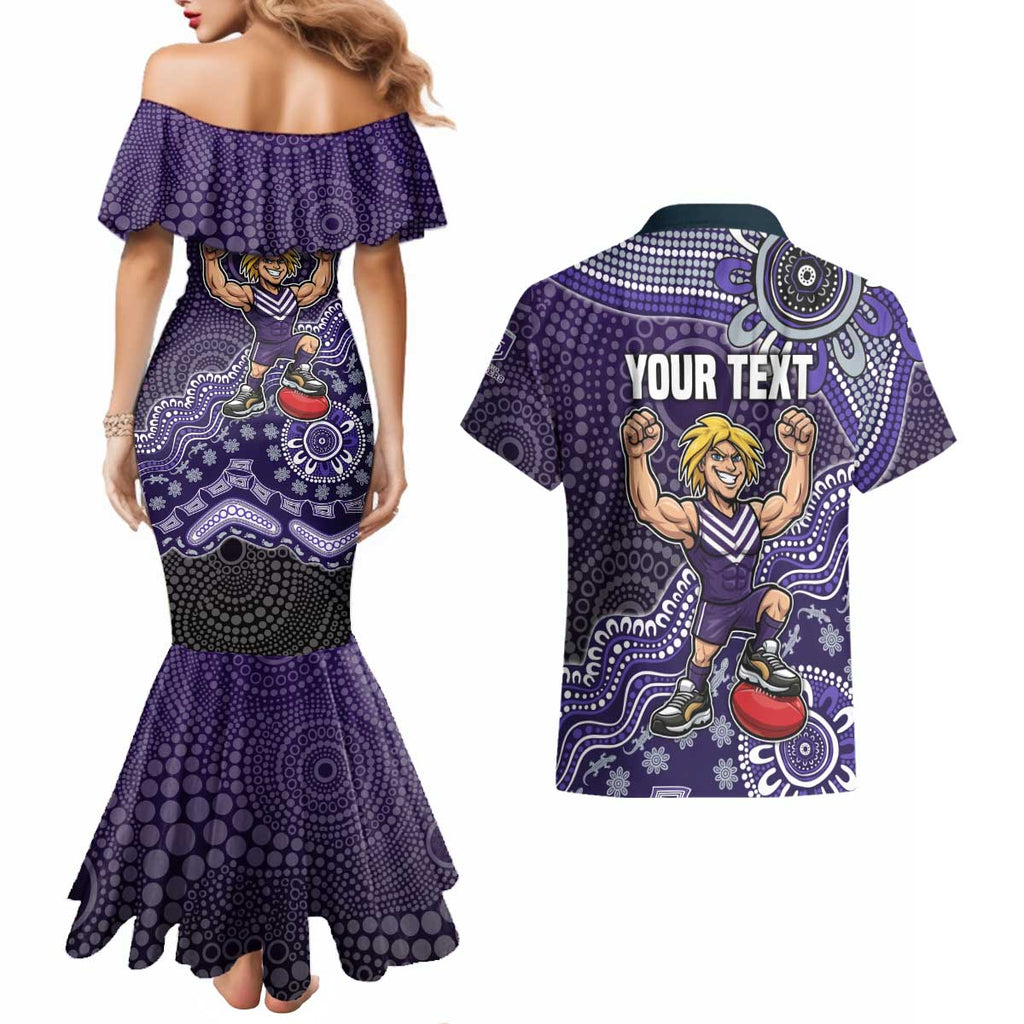Personalized Freo Football Mascot Couples Matching Mermaid Dress and Hawaiian Shirt Aboriginal Dot Art Style Vibrant Indigenous Pattern Design