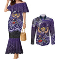 Personalized Freo Football Mascot Couples Matching Mermaid Dress and Long Sleeve Button Shirt Aboriginal Dot Art Style Vibrant Indigenous Pattern Design
