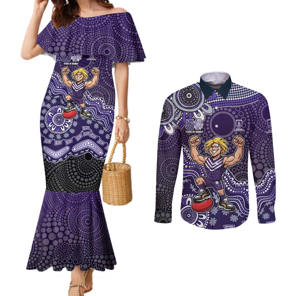 Personalized Freo Football Mascot Couples Matching Mermaid Dress and Long Sleeve Button Shirt Aboriginal Dot Art Style Vibrant Indigenous Pattern Design