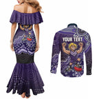 Personalized Freo Football Mascot Couples Matching Mermaid Dress and Long Sleeve Button Shirt Aboriginal Dot Art Style Vibrant Indigenous Pattern Design