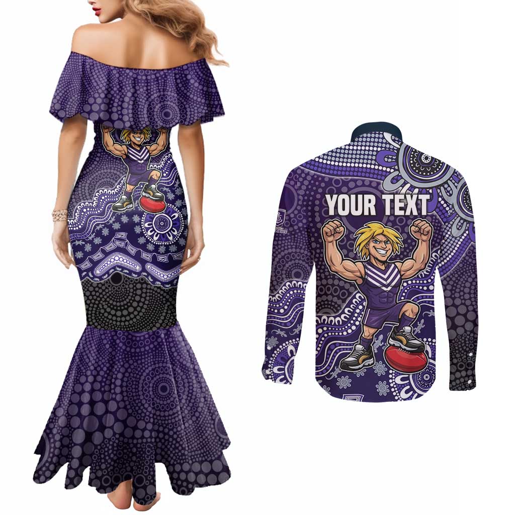 Personalized Freo Football Mascot Couples Matching Mermaid Dress and Long Sleeve Button Shirt Aboriginal Dot Art Style Vibrant Indigenous Pattern Design