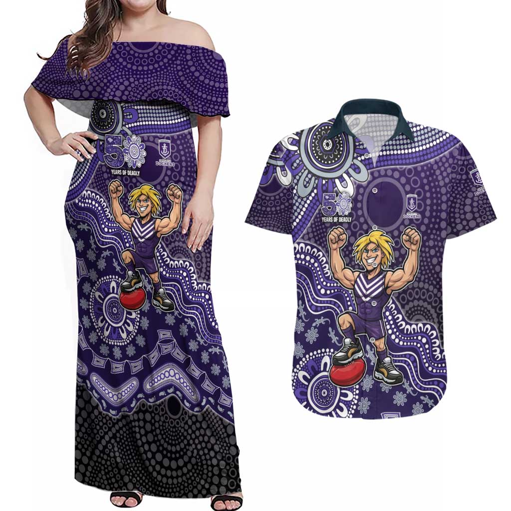 Personalized Freo Football Mascot Couples Matching Off Shoulder Maxi Dress and Hawaiian Shirt Aboriginal Dot Art Style Vibrant Indigenous Pattern Design