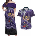 Personalized Freo Football Mascot Couples Matching Off Shoulder Maxi Dress and Hawaiian Shirt Aboriginal Dot Art Style Vibrant Indigenous Pattern Design
