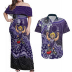 Personalized Freo Football Mascot Couples Matching Off Shoulder Maxi Dress and Hawaiian Shirt Aboriginal Dot Art Style Vibrant Indigenous Pattern Design