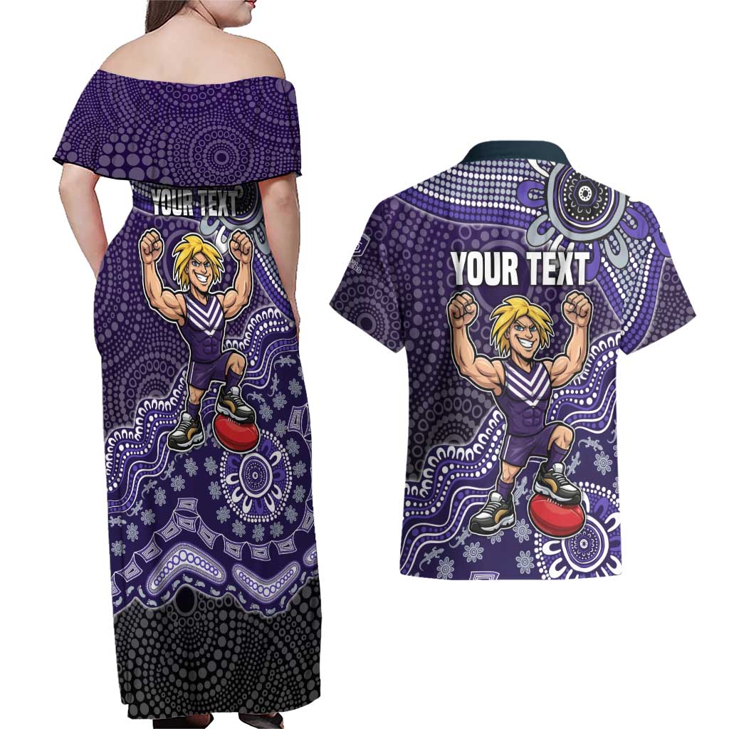 Personalized Freo Football Mascot Couples Matching Off Shoulder Maxi Dress and Hawaiian Shirt Aboriginal Dot Art Style Vibrant Indigenous Pattern Design