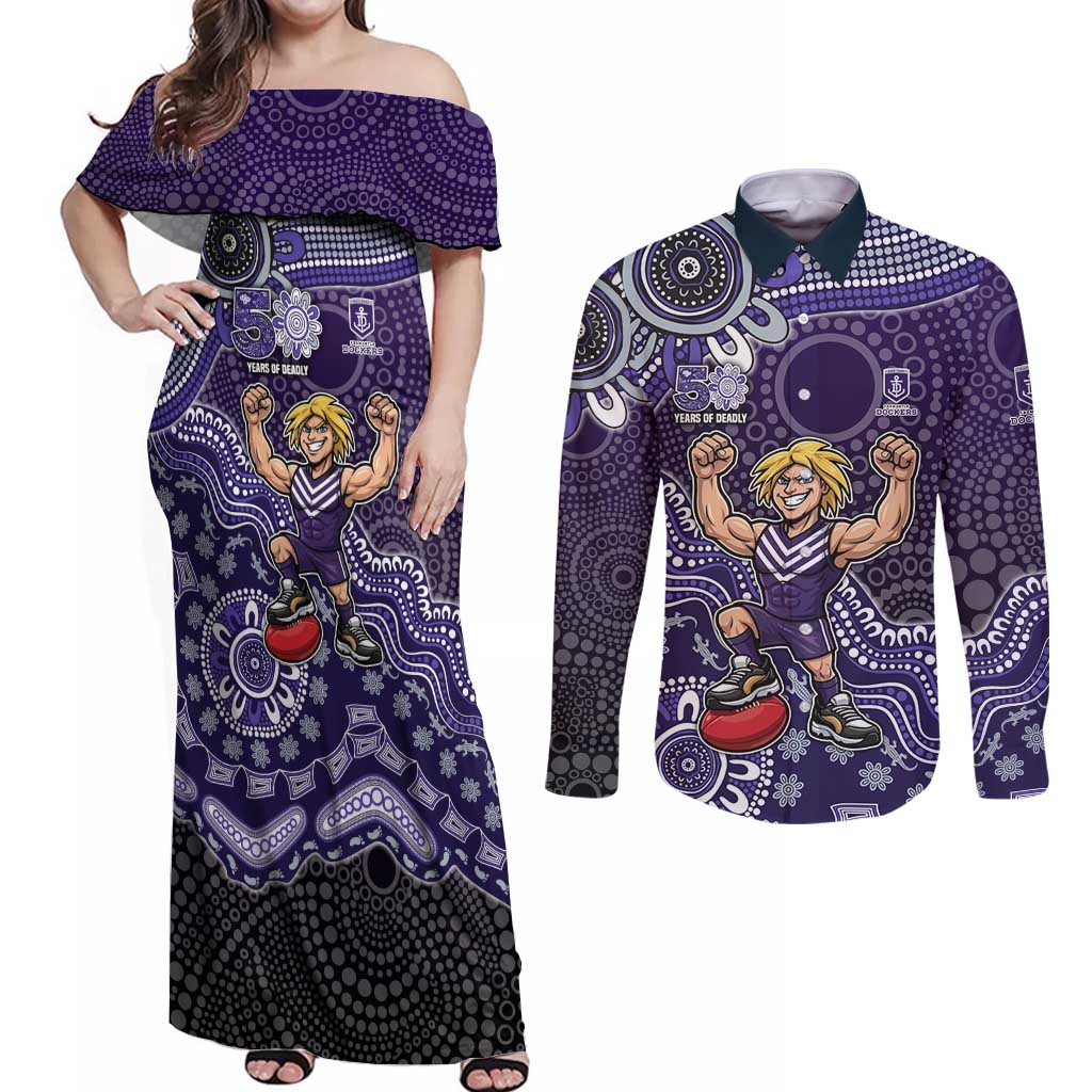 Personalized Freo Football Mascot Couples Matching Off Shoulder Maxi Dress and Long Sleeve Button Shirt Aboriginal Dot Art Style Vibrant Indigenous Pattern Design