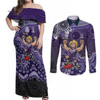 Personalized Freo Football Mascot Couples Matching Off Shoulder Maxi Dress and Long Sleeve Button Shirt Aboriginal Dot Art Style Vibrant Indigenous Pattern Design