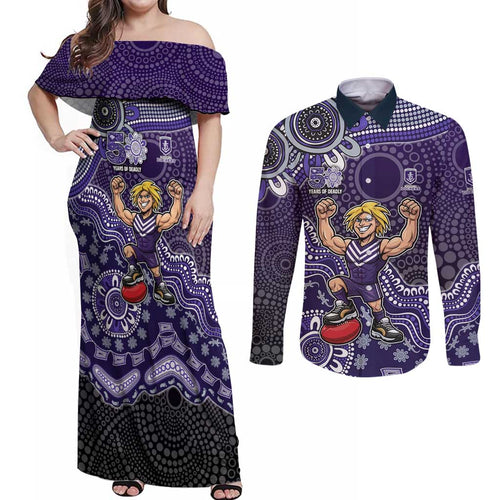 Personalized Freo Football Mascot Couples Matching Off Shoulder Maxi Dress and Long Sleeve Button Shirt Aboriginal Dot Art Style Vibrant Indigenous Pattern Design