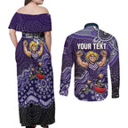 Personalized Freo Football Mascot Couples Matching Off Shoulder Maxi Dress and Long Sleeve Button Shirt Aboriginal Dot Art Style Vibrant Indigenous Pattern Design