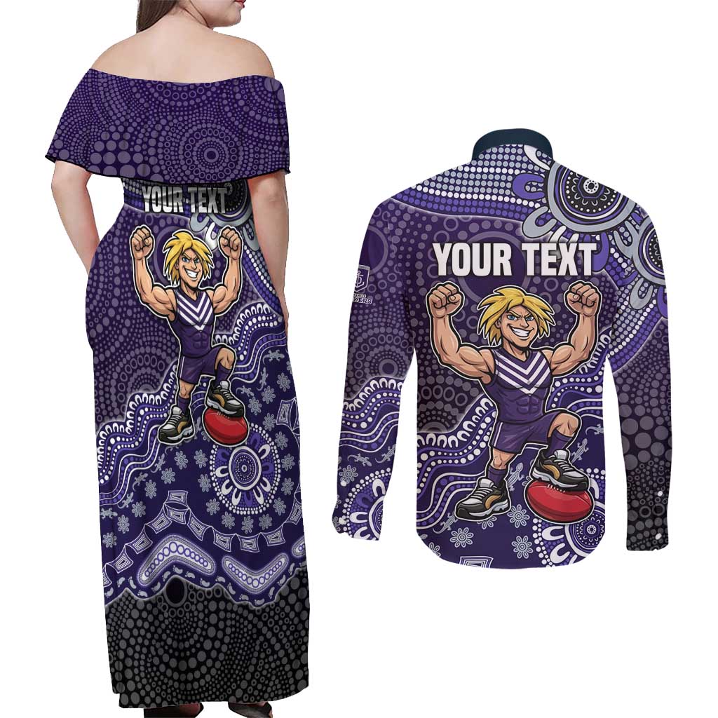 Personalized Freo Football Mascot Couples Matching Off Shoulder Maxi Dress and Long Sleeve Button Shirt Aboriginal Dot Art Style Vibrant Indigenous Pattern Design