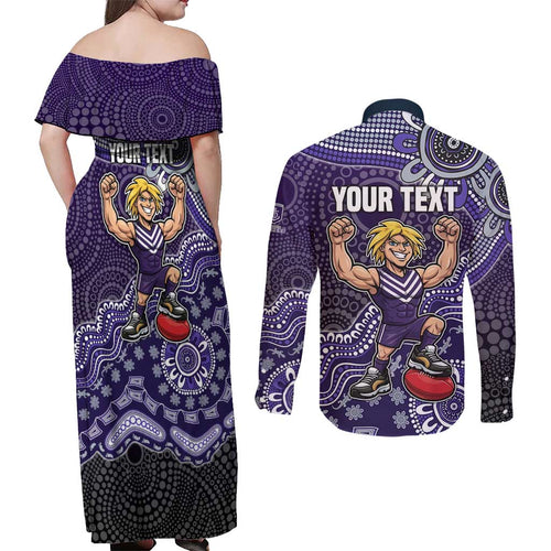 Personalized Freo Football Mascot Couples Matching Off Shoulder Maxi Dress and Long Sleeve Button Shirt Aboriginal Dot Art Style Vibrant Indigenous Pattern Design