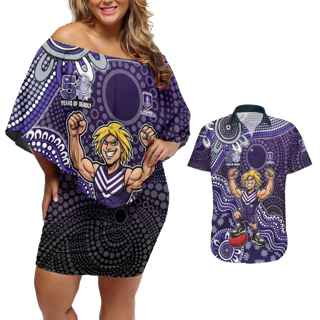 Personalized Freo Football Mascot Couples Matching Off Shoulder Short Dress and Hawaiian Shirt Aboriginal Dot Art Style Vibrant Indigenous Pattern Design